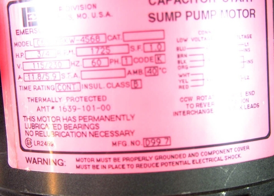 C63CXGKW-4568 EMERSON Condensator Start Dompelpomp Motor 60 Hz 115 V 230 V