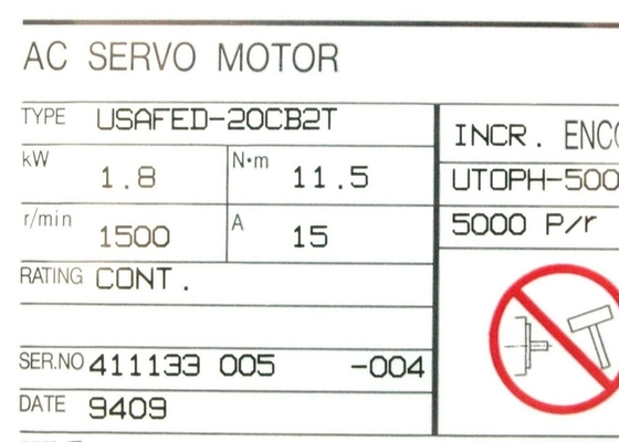 YASKAWA USAFED-20CB2T zelfgekoelde 2.0kW 1500 Rpm Encoder AC servomotor